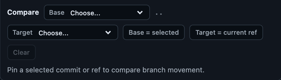 Compare bar with main as base and a feature branch as target, showing ahead and behind counts and three copyable Git commands.