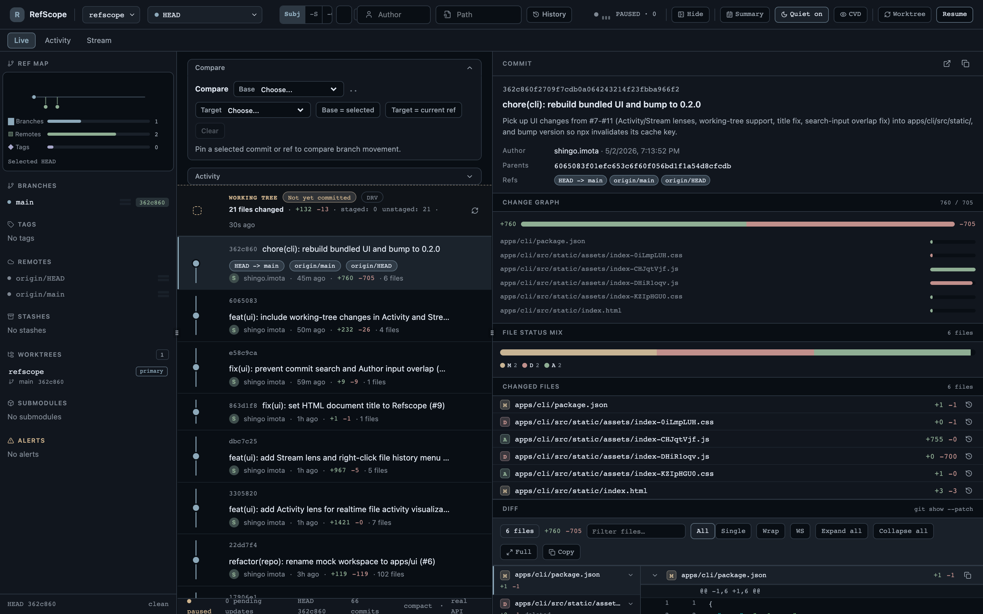 Three-pane layout with the top bar's pause control engaged; the timeline holds its position while a counter records queued live updates.