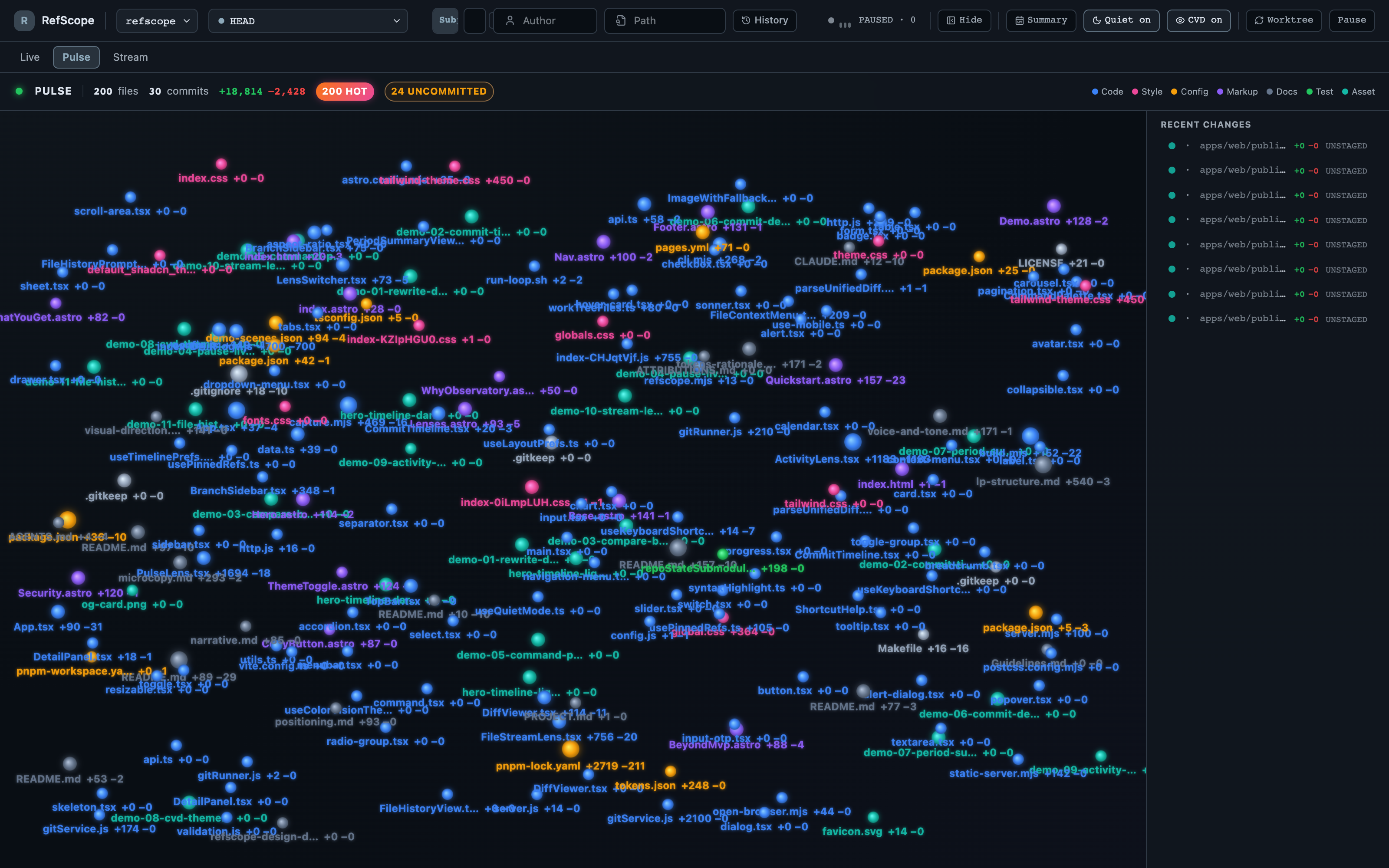 Pulse lens showing the repository as a canvas of drifting particles colored by file type, with the lens switcher set to Pulse.