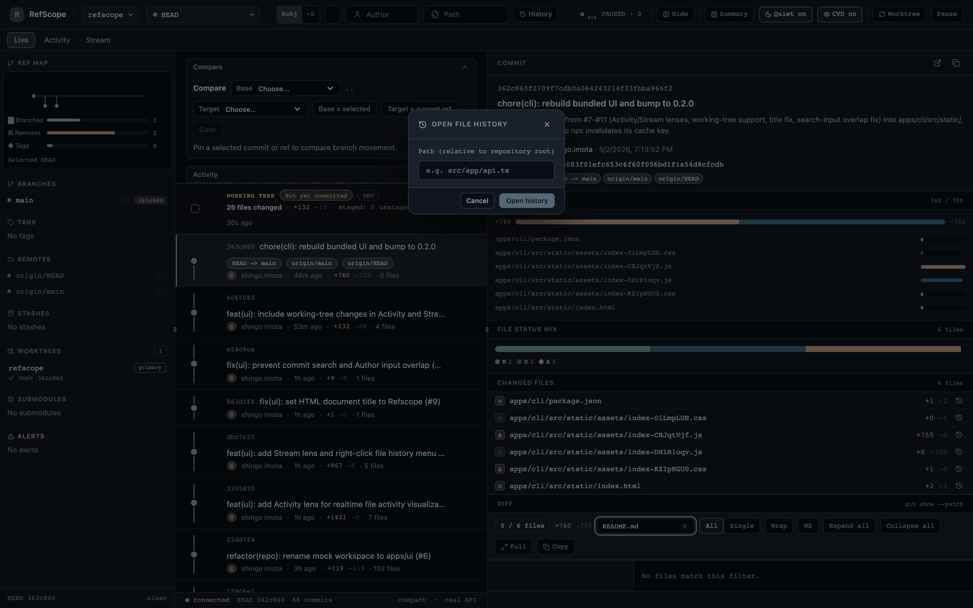 File history view for a single path, showing the per-file timeline, branch drift halo, and a related-files (co-change) panel listing co-changing paths.